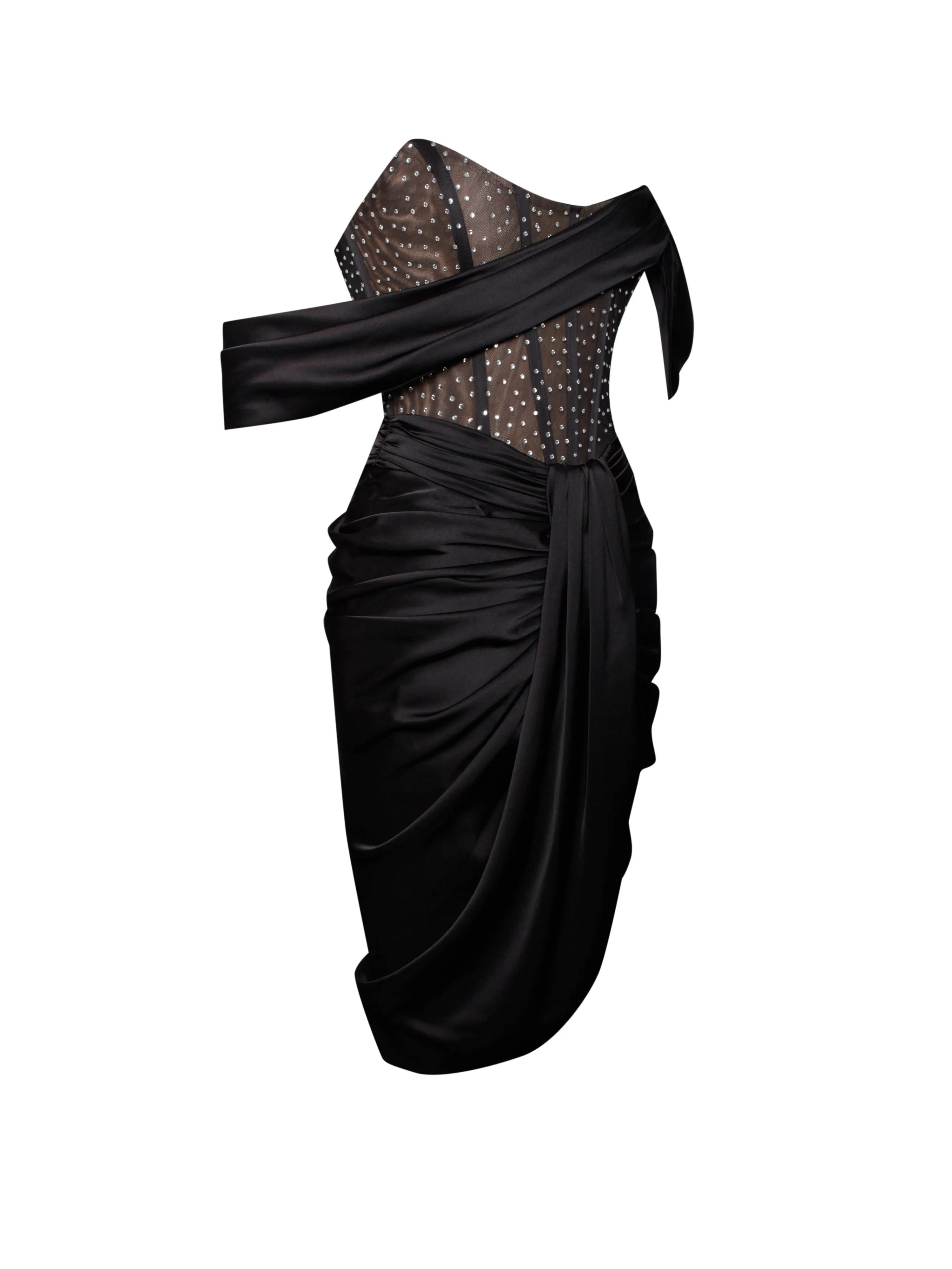Darlene Black Off Shoulder Graceful Corset Satin Dress With Crystals
