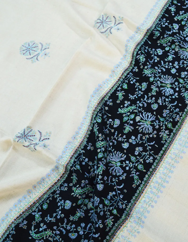 White and Black Embroidery Pashmina Shawl 7158